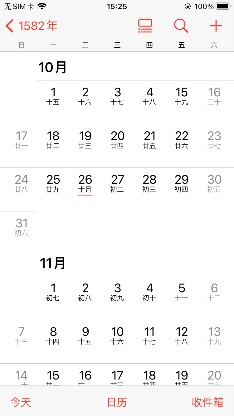 1582年10月的日历小图和大图不对应