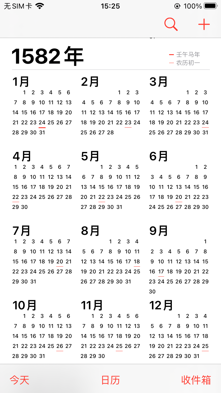 1582年10月的日历小图和大图不对应